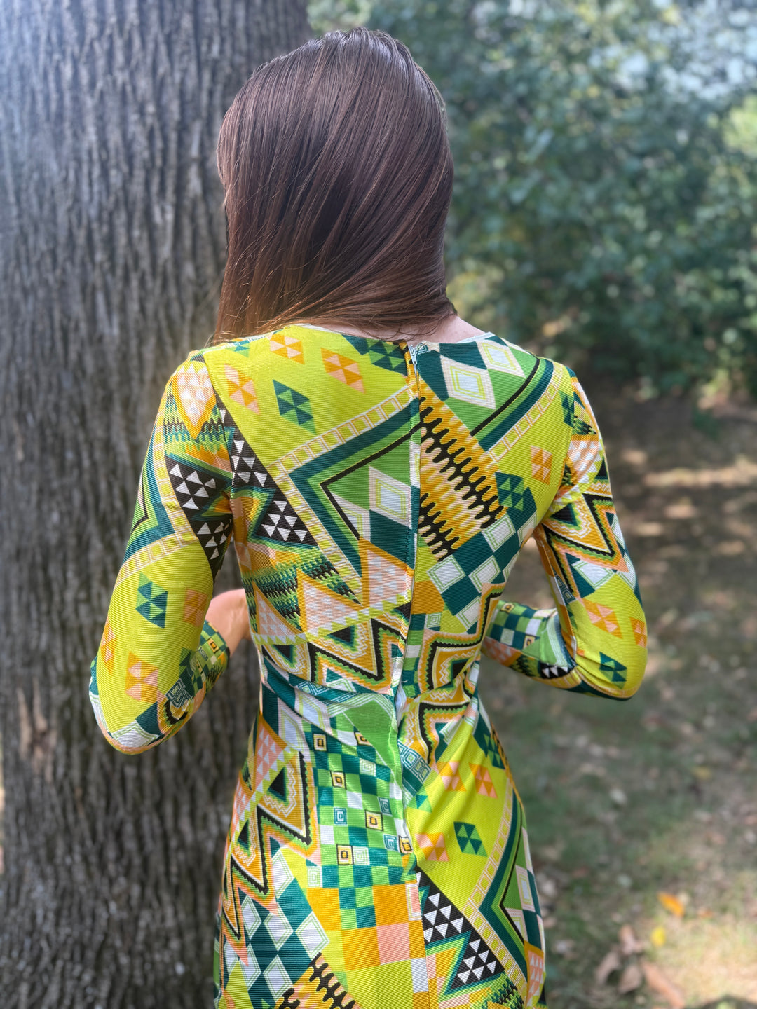 70s Green Black Orange Nylon Abstract Print Nylon Maxi Dress