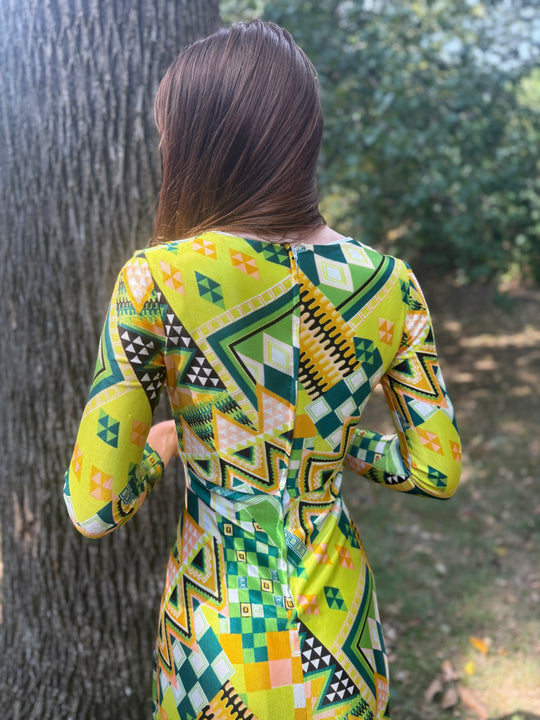 70s Green Black Orange Nylon Abstract Print Nylon Maxi Dress