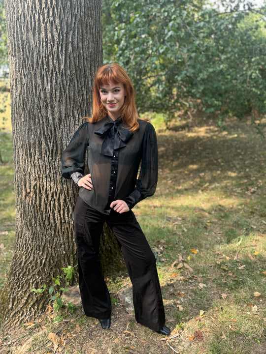 Vintage Black Tie Front Dress Blouse, Suzette