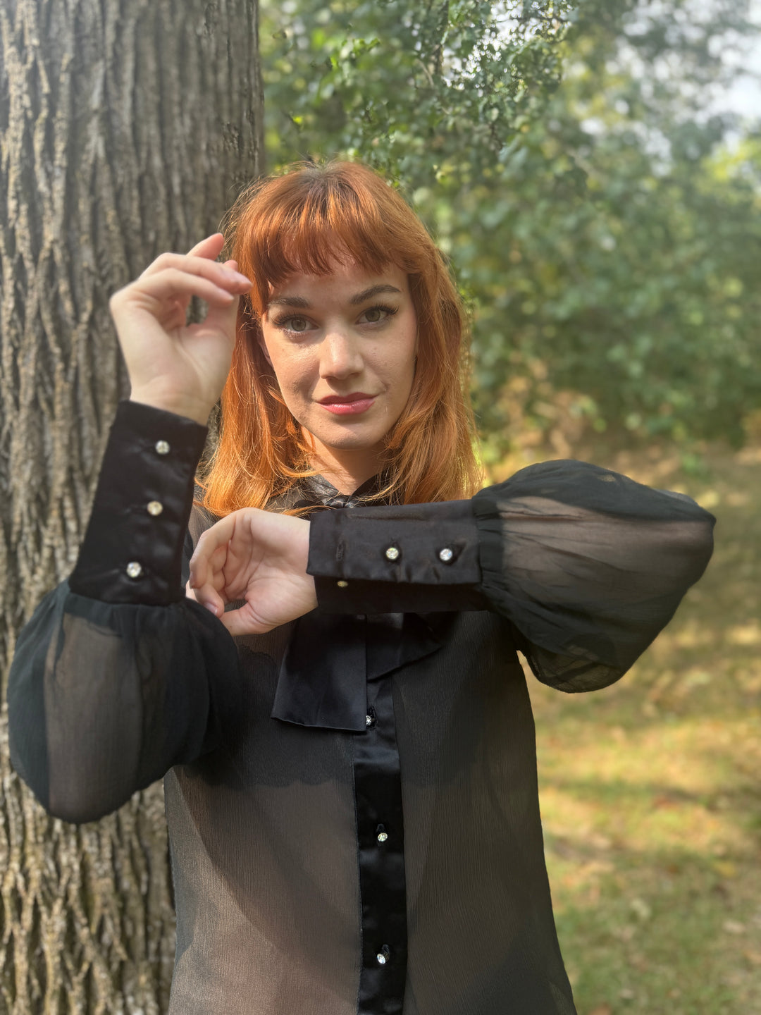 Vintage Black Tie Front Dress Blouse, Suzette