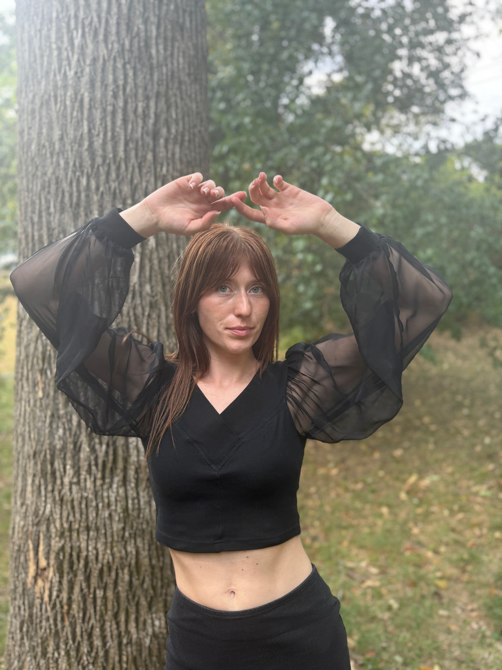 80s Black Cropped Shirt, Sheer Sleeves, Yes Clothing Co