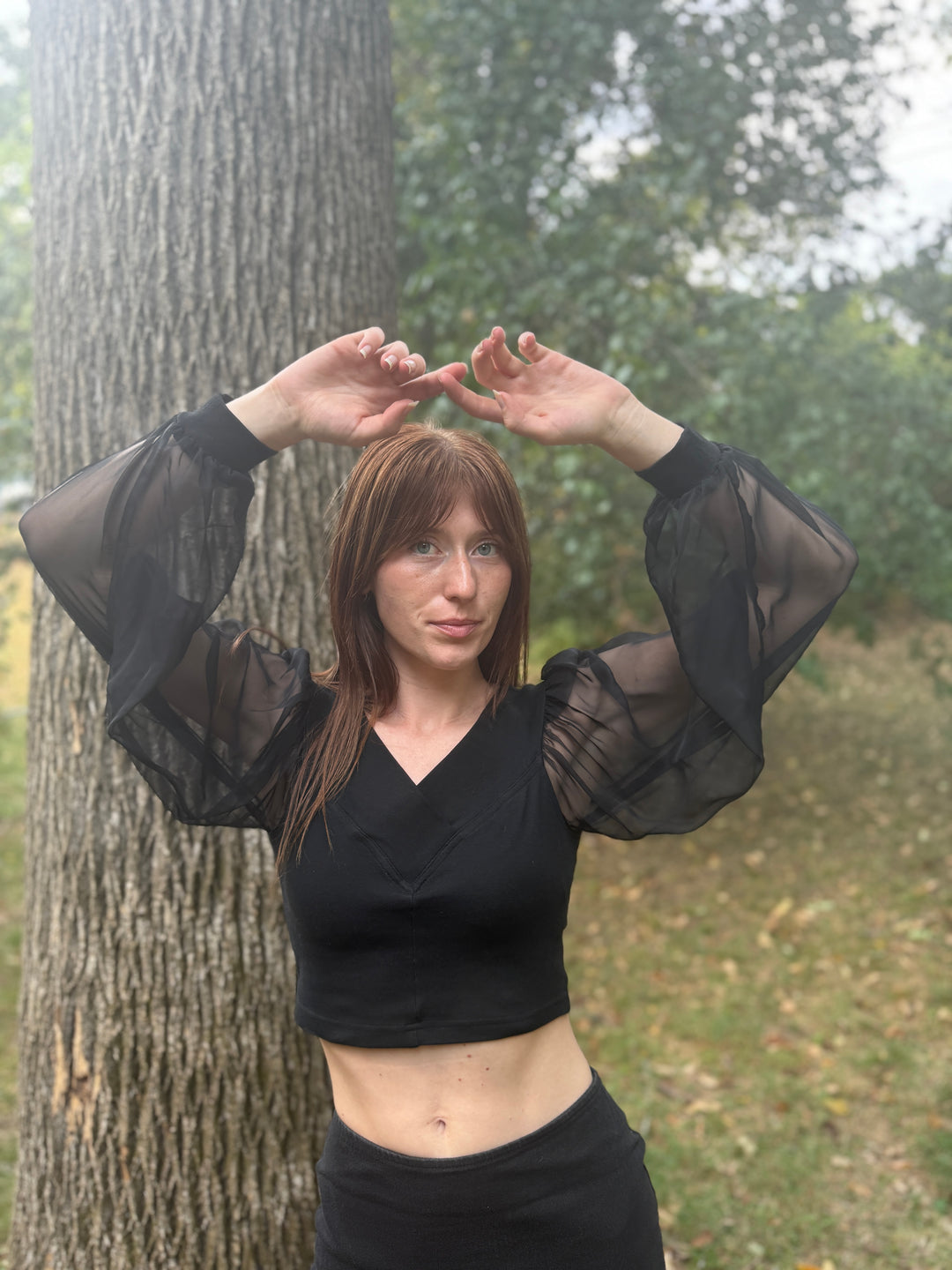 80s Black Cropped Shirt, Sheer Sleeves, Yes Clothing Co
