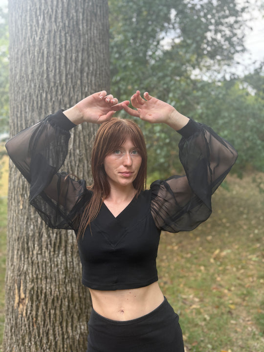 80s Black Cropped Shirt, Sheer Sleeves, Yes Clothing Co