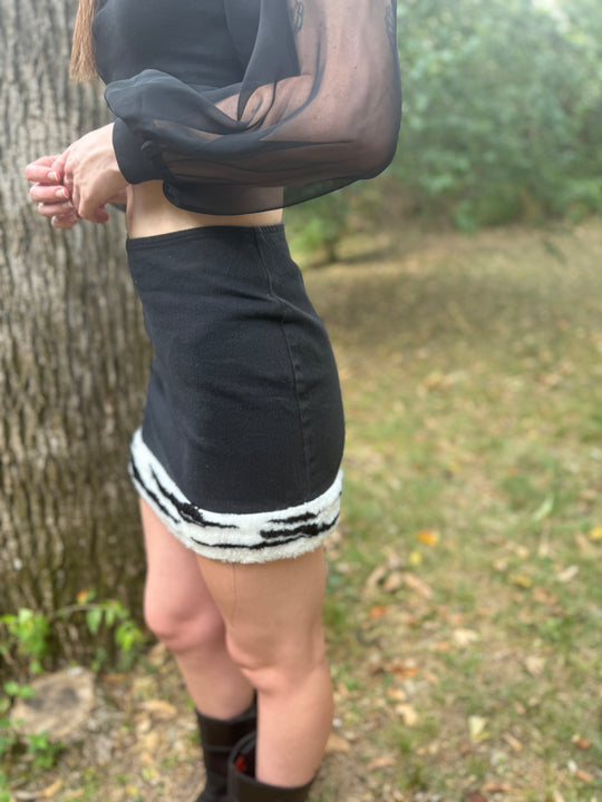 80s Black Mini Skirt, Faux Fur Animal Print Trim, A. Smile Gelati