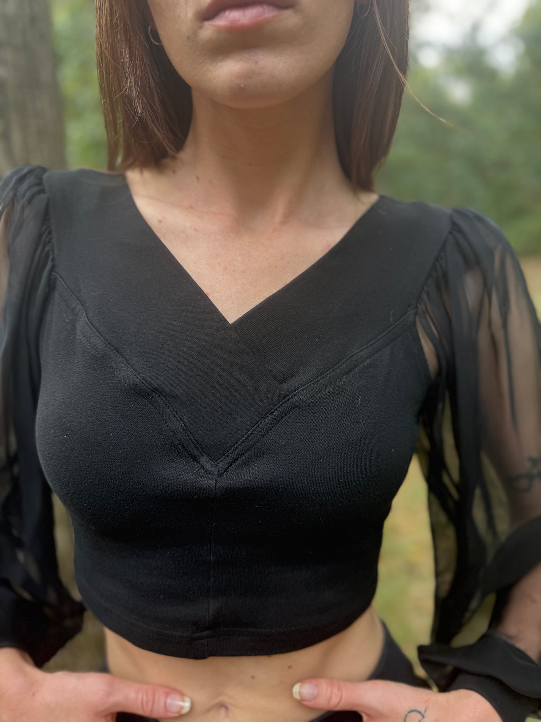 80s Black Cropped Shirt, Sheer Sleeves, Yes Clothing Co