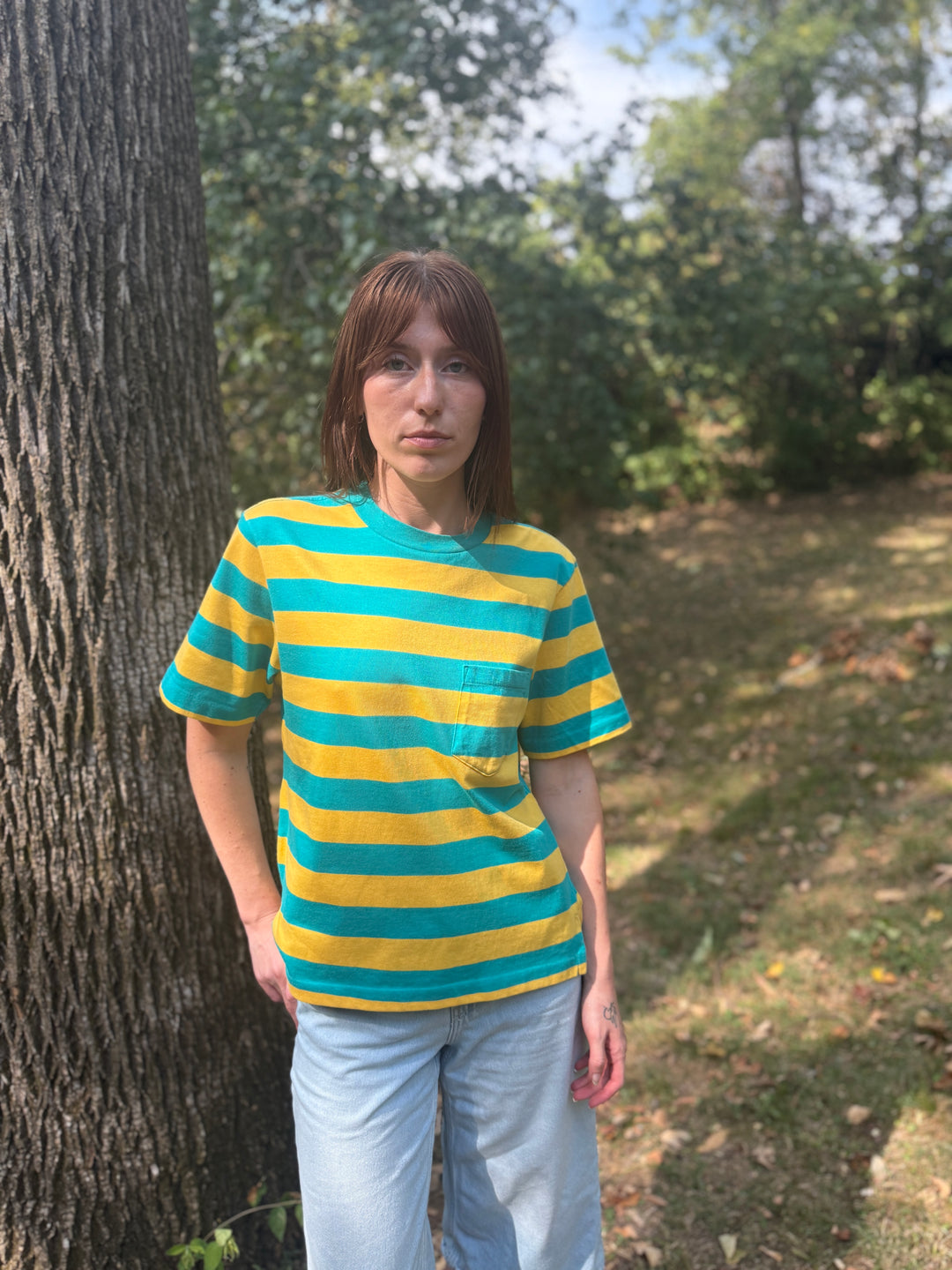 Vintage Aqua Yellow Striped T-Shirt, Lands End