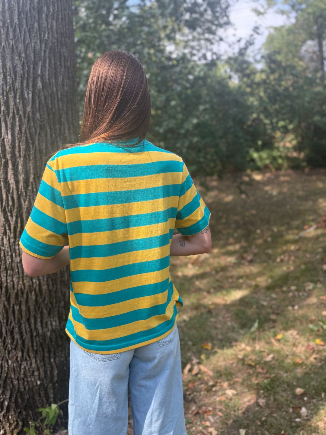 Vintage Aqua Yellow Striped T-Shirt, Lands End