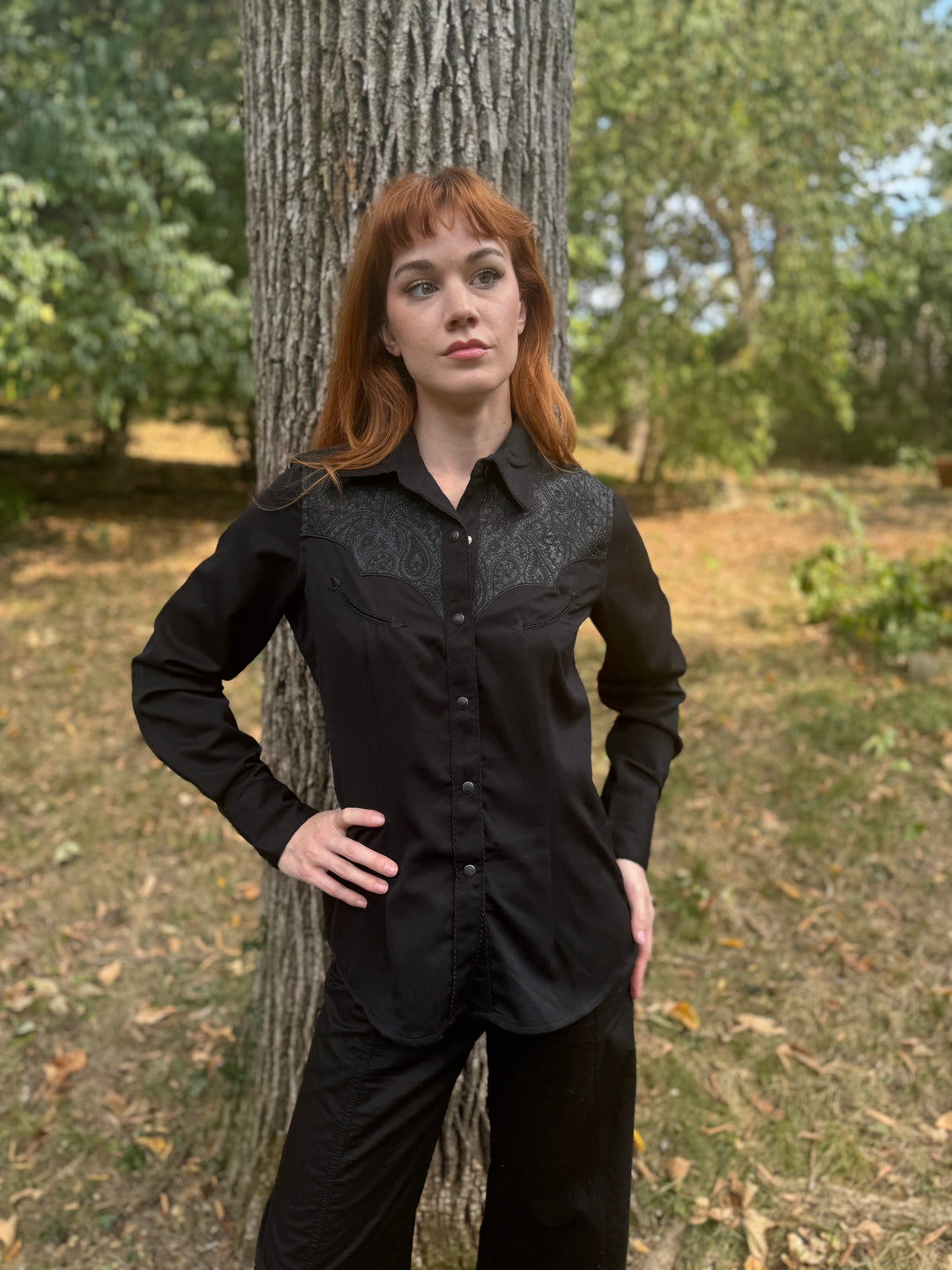 Ladies Black LS Western Shirt, Paisley Yoke, Panhandle Slim