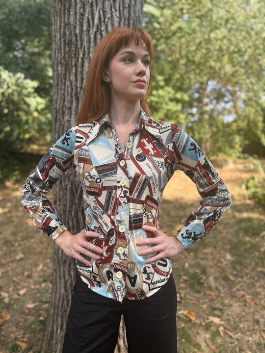 Ladies 70s Nylon Disco Shirt: Vintage Travel Tags