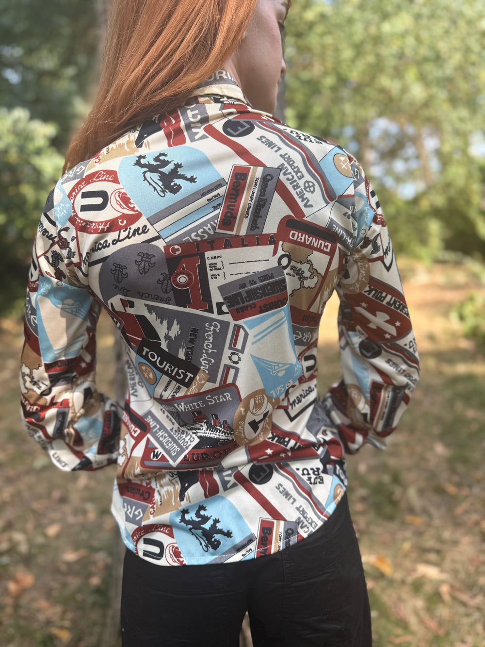 Ladies 70s Nylon Disco Shirt: Vintage Travel Tags