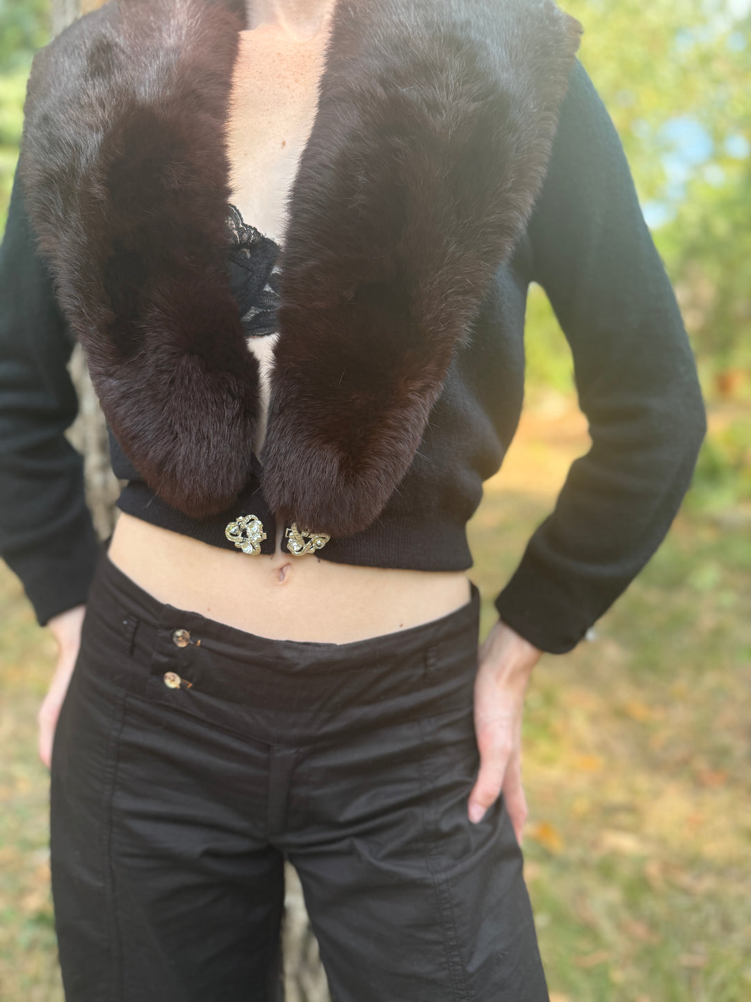 50s Black Orlon Sweater, Mink Collar, City Fur Co.