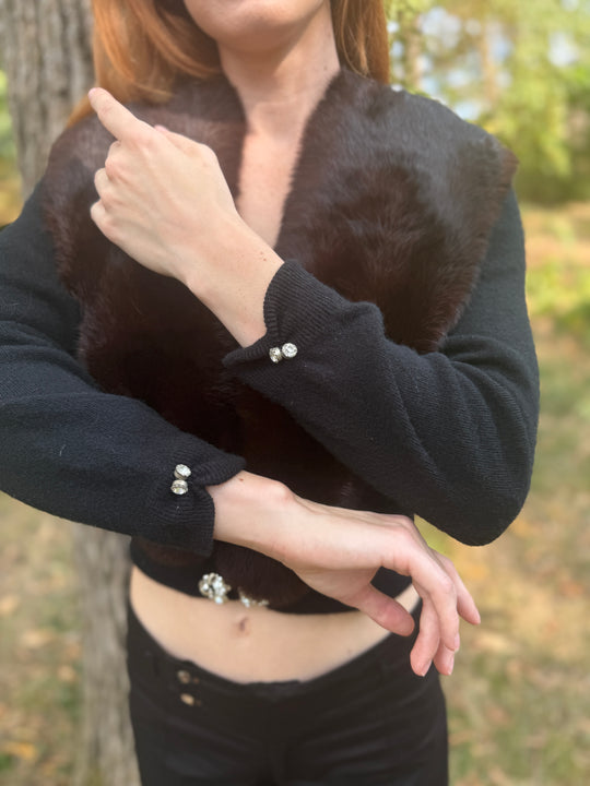 50s Black Orlon Sweater, Mink Collar, City Fur Co.