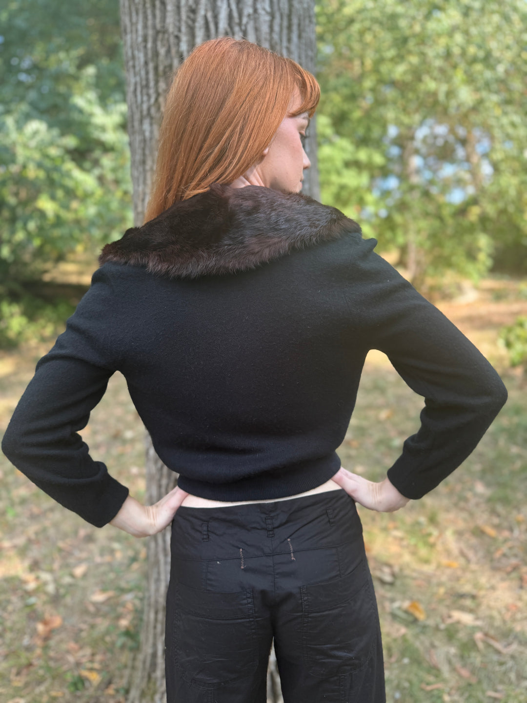 50s Black Orlon Sweater, Mink Collar, City Fur Co.