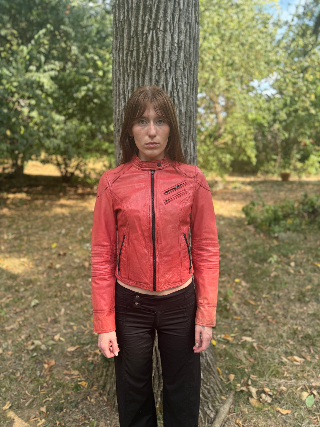 Vintage Red Leather Motorcycle Jacket, Black Rivet
