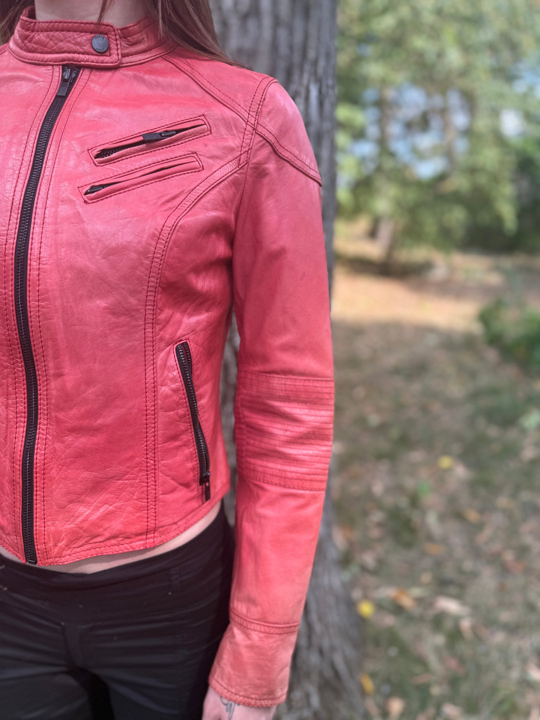 Vintage Red Leather Motorcycle Jacket, Black Rivet