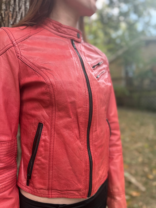Vintage Red Leather Motorcycle Jacket, Black Rivet