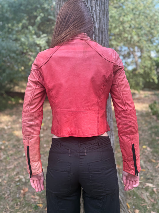Vintage Red Leather Motorcycle Jacket, Black Rivet