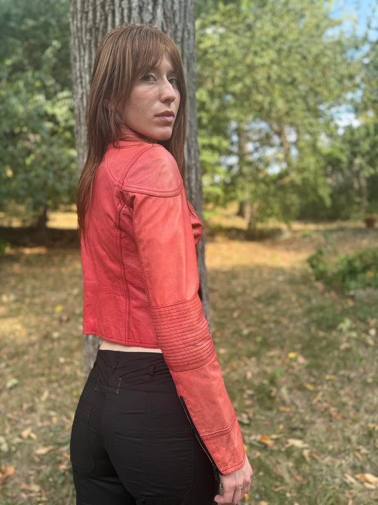 Vintage Red Leather Motorcycle Jacket, Black Rivet
