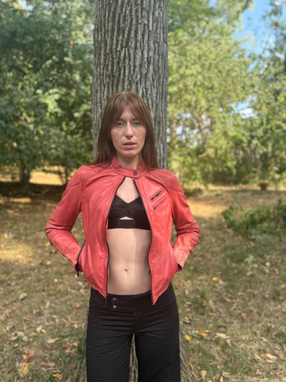 Vintage Red Leather Motorcycle Jacket, Black Rivet