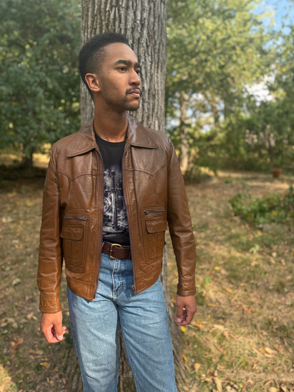 Men's 70s Brown Western Cut Leather Zip Up Jacket, Sears Western Wear