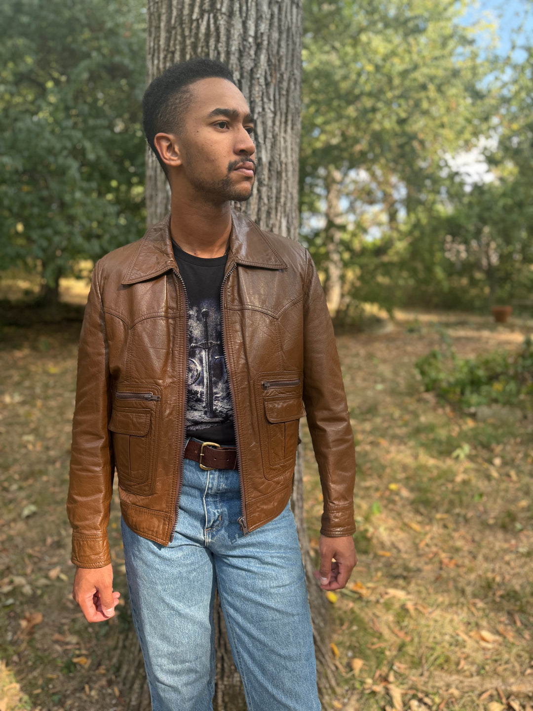 Men's 70s Brown Western Cut Leather Zip Up Jacket, Sears Western Wear