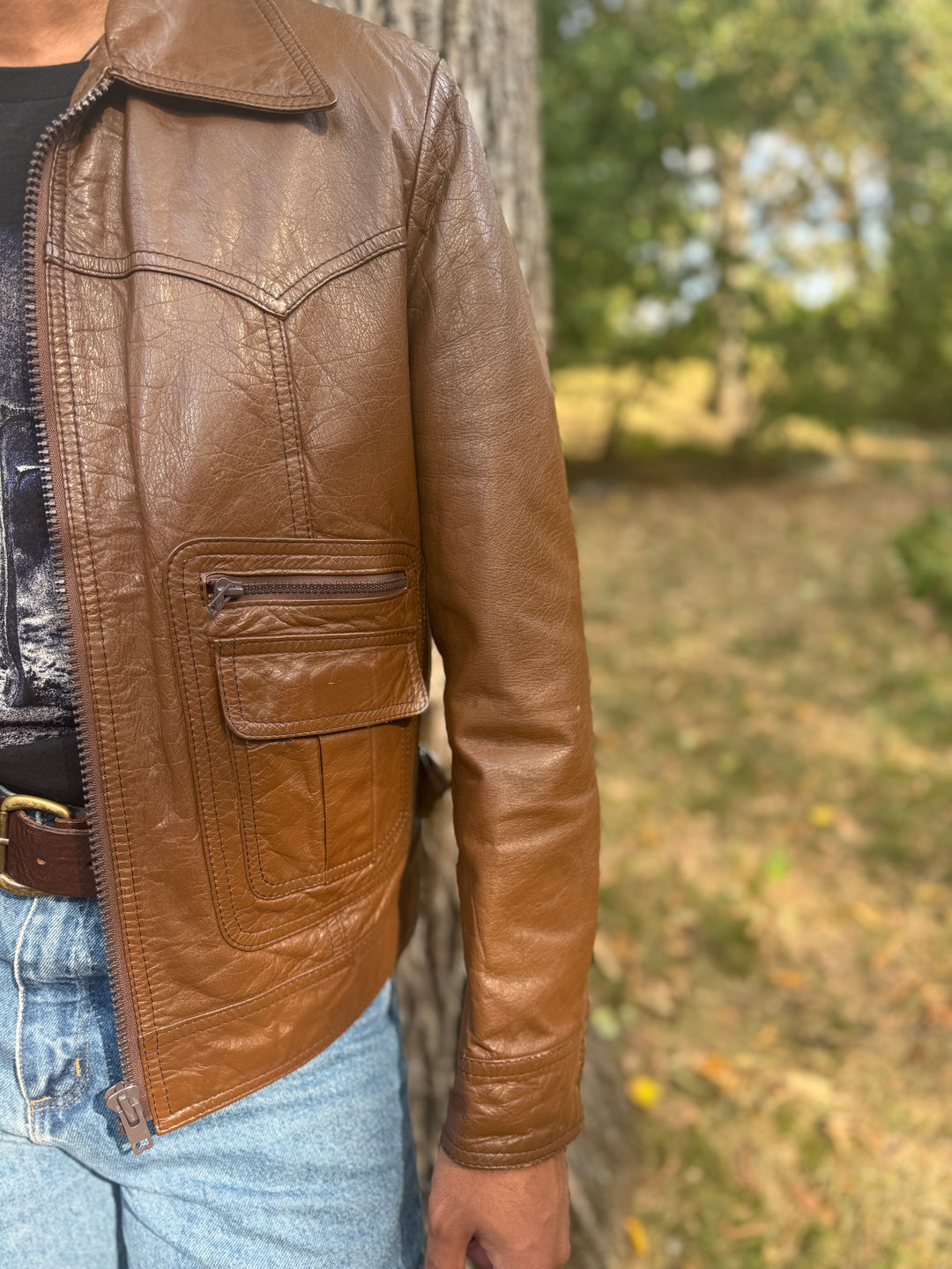 Men's 70s Brown Western Cut Leather Zip Up Jacket, Sears Western Wear