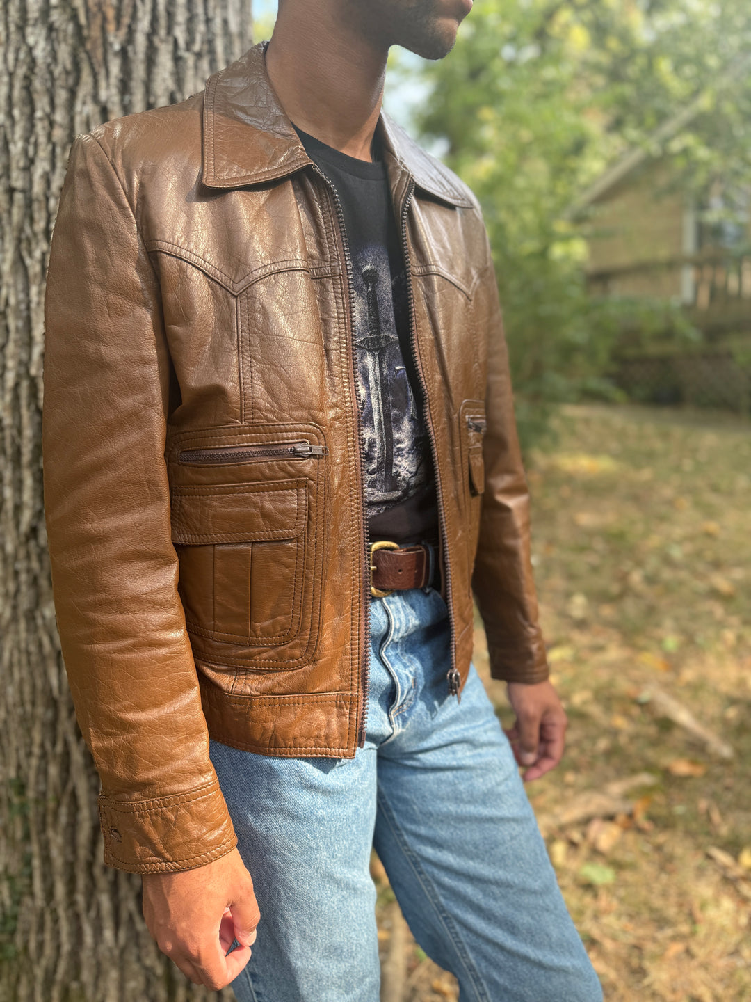 Men's 70s Brown Western Cut Leather Zip Up Jacket, Sears Western Wear