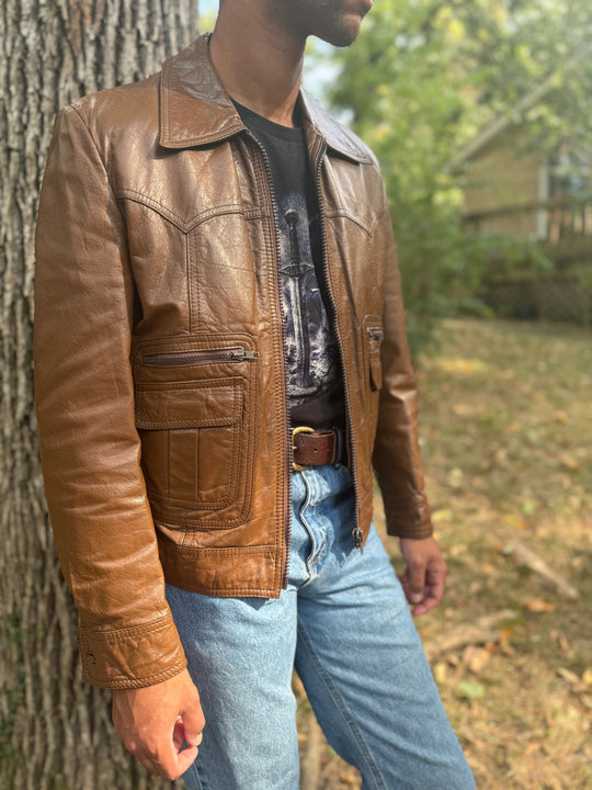 Men's 70s Brown Western Cut Leather Zip Up Jacket, Sears Western Wear