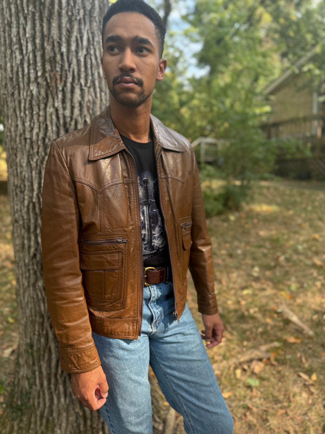 Men's 70s Brown Western Cut Leather Zip Up Jacket, Sears Western Wear