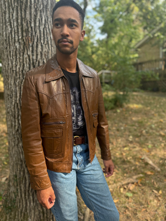 Men's 70s Brown Western Cut Leather Zip Up Jacket, Sears Western Wear