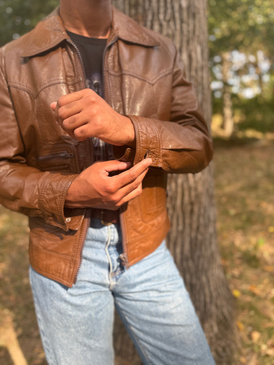 Men's 70s Brown Western Cut Leather Zip Up Jacket, Sears Western Wear