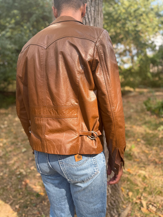 Men's 70s Brown Western Cut Leather Zip Up Jacket, Sears Western Wear
