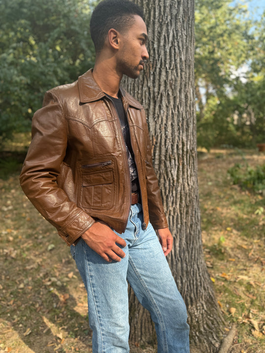 Men's 70s Brown Western Cut Leather Zip Up Jacket, Sears Western Wear