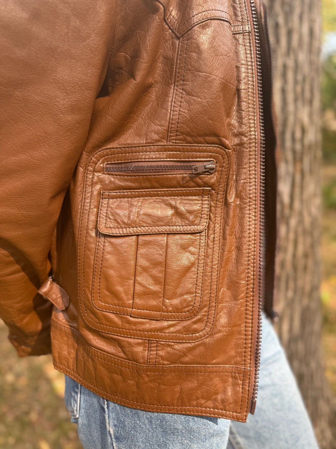 Men's 70s Brown Western Cut Leather Zip Up Jacket, Sears Western Wear