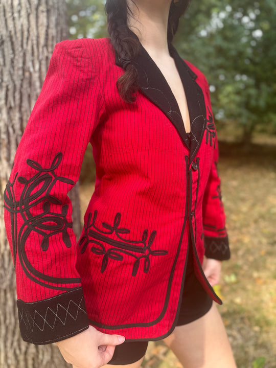 Vintage Red Black Pinstriped Blazer, Custom Made