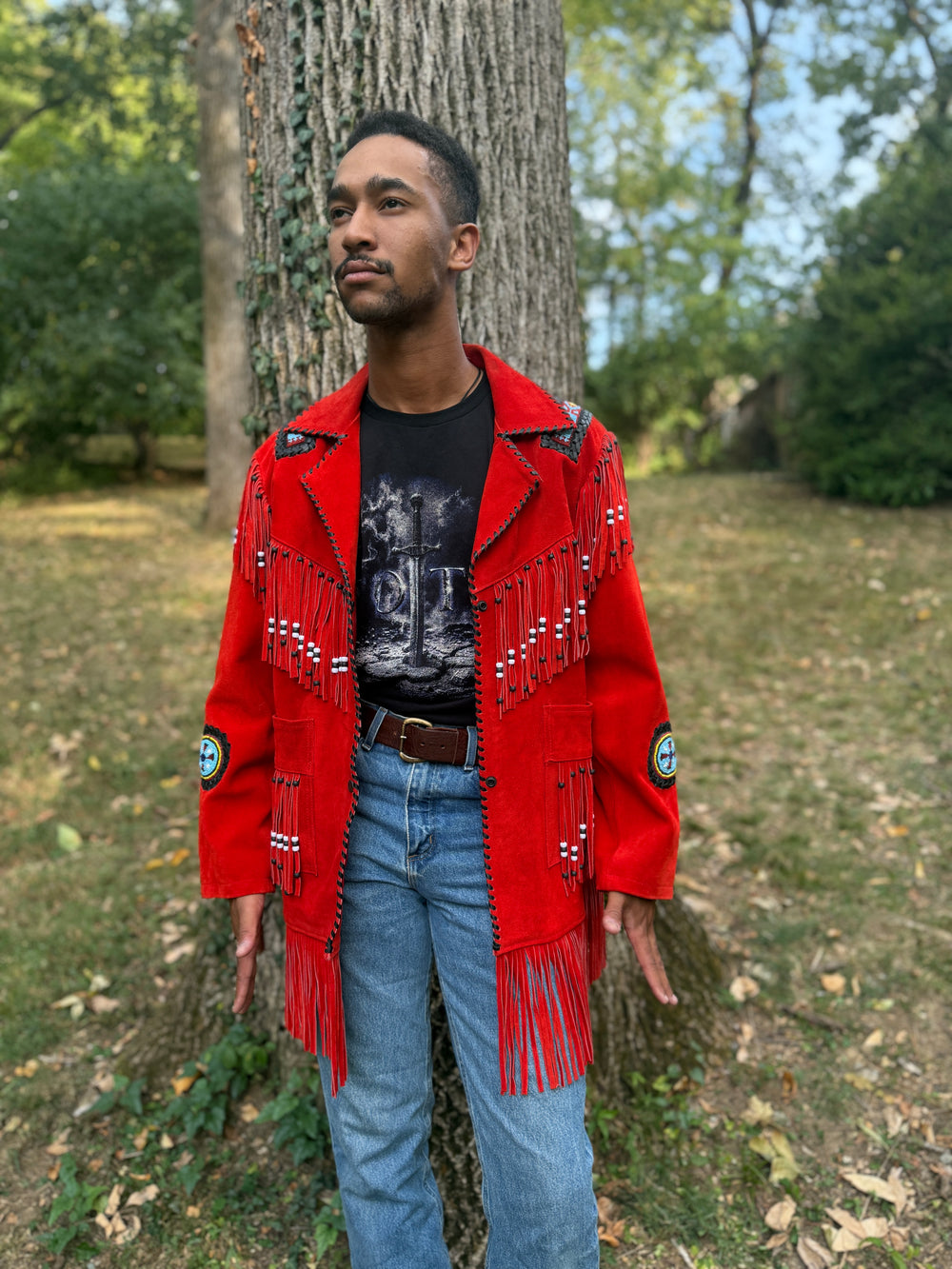 Red Western Suede Coat with Beading and Fringe, Sema Leathers