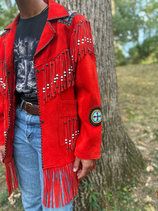 Red Western Suede Coat with Beading and Fringe, Sema Leathers