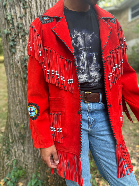 Red Western Suede Coat with Beading and Fringe, Sema Leathers