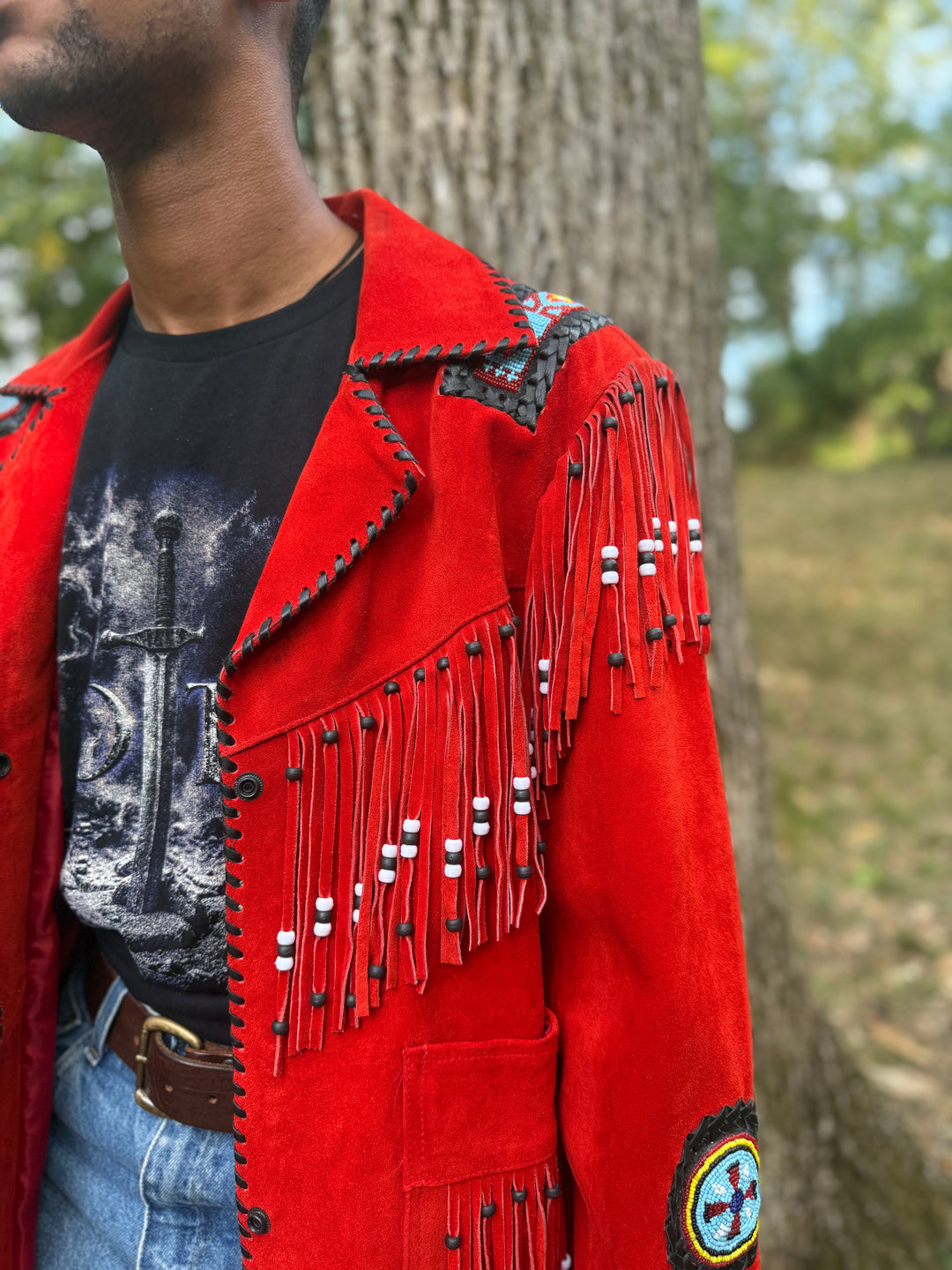 Red Western Suede Coat with Beading and Fringe, Sema Leathers
