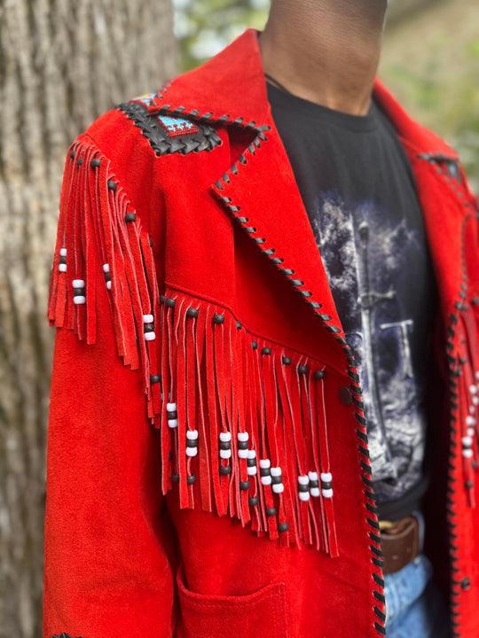 Red Western Suede Coat with Beading and Fringe, Sema Leathers