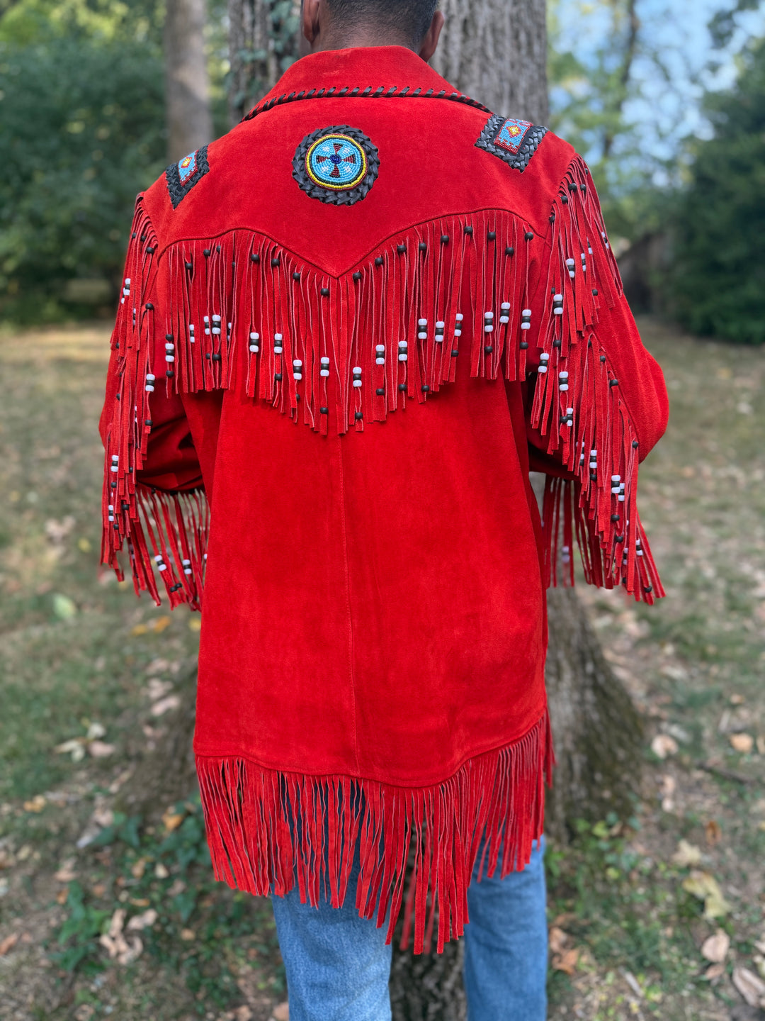 Red Western Suede Coat with Beading and Fringe, Sema Leathers