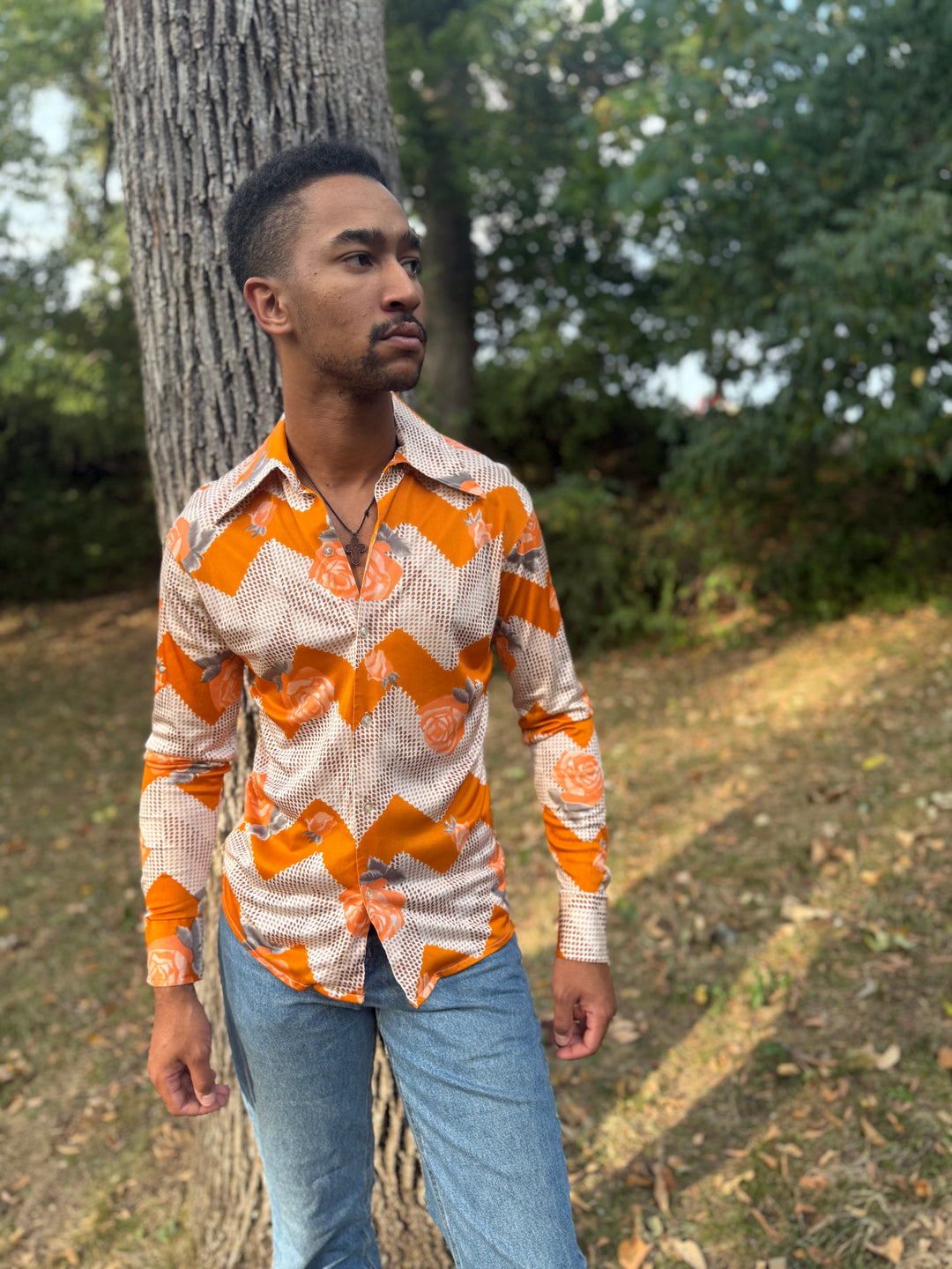 Mens 70s Orange Gray Floral Nylon Disco Shirt