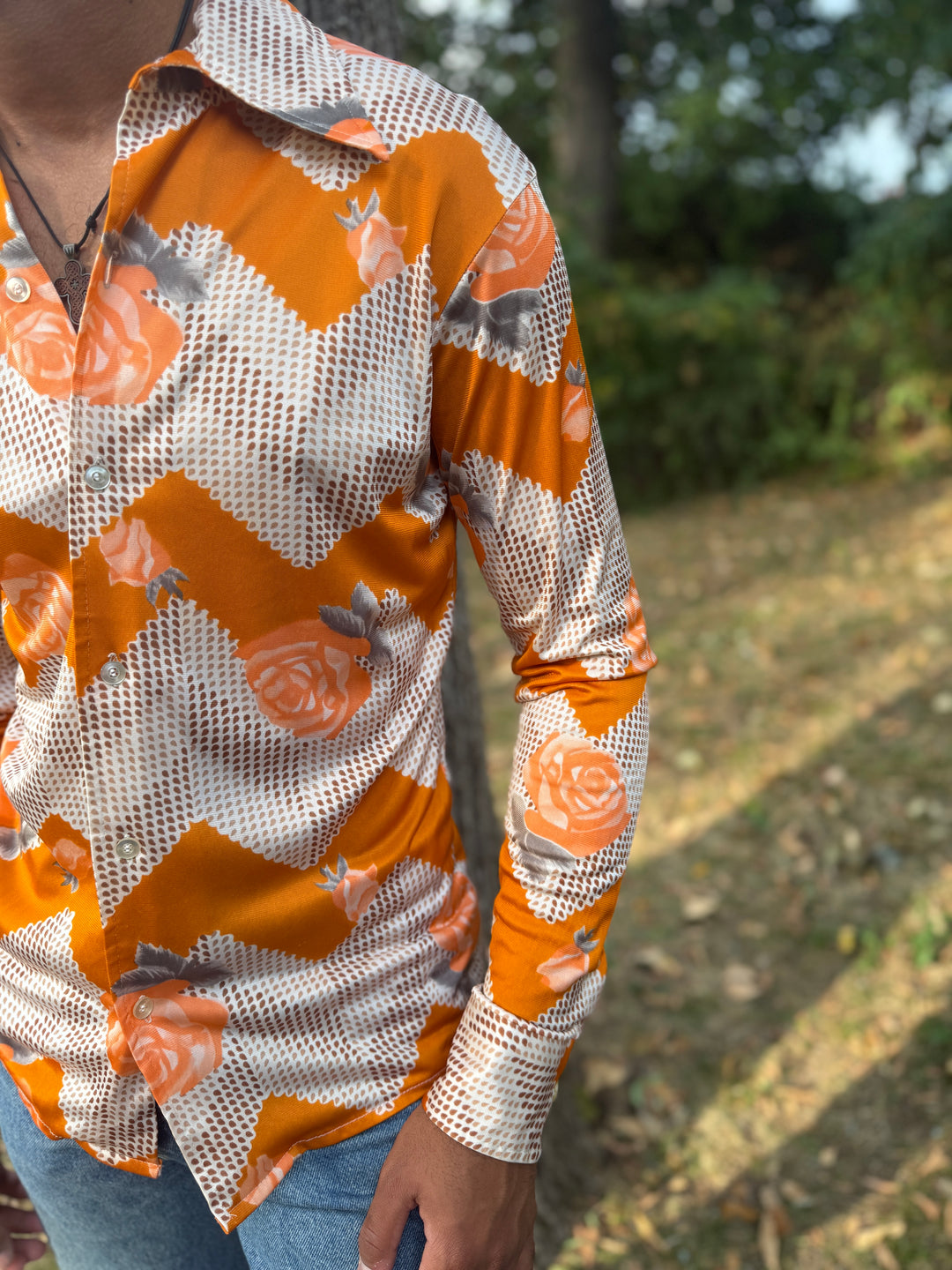 Mens 70s Orange Gray Floral Nylon Disco Shirt