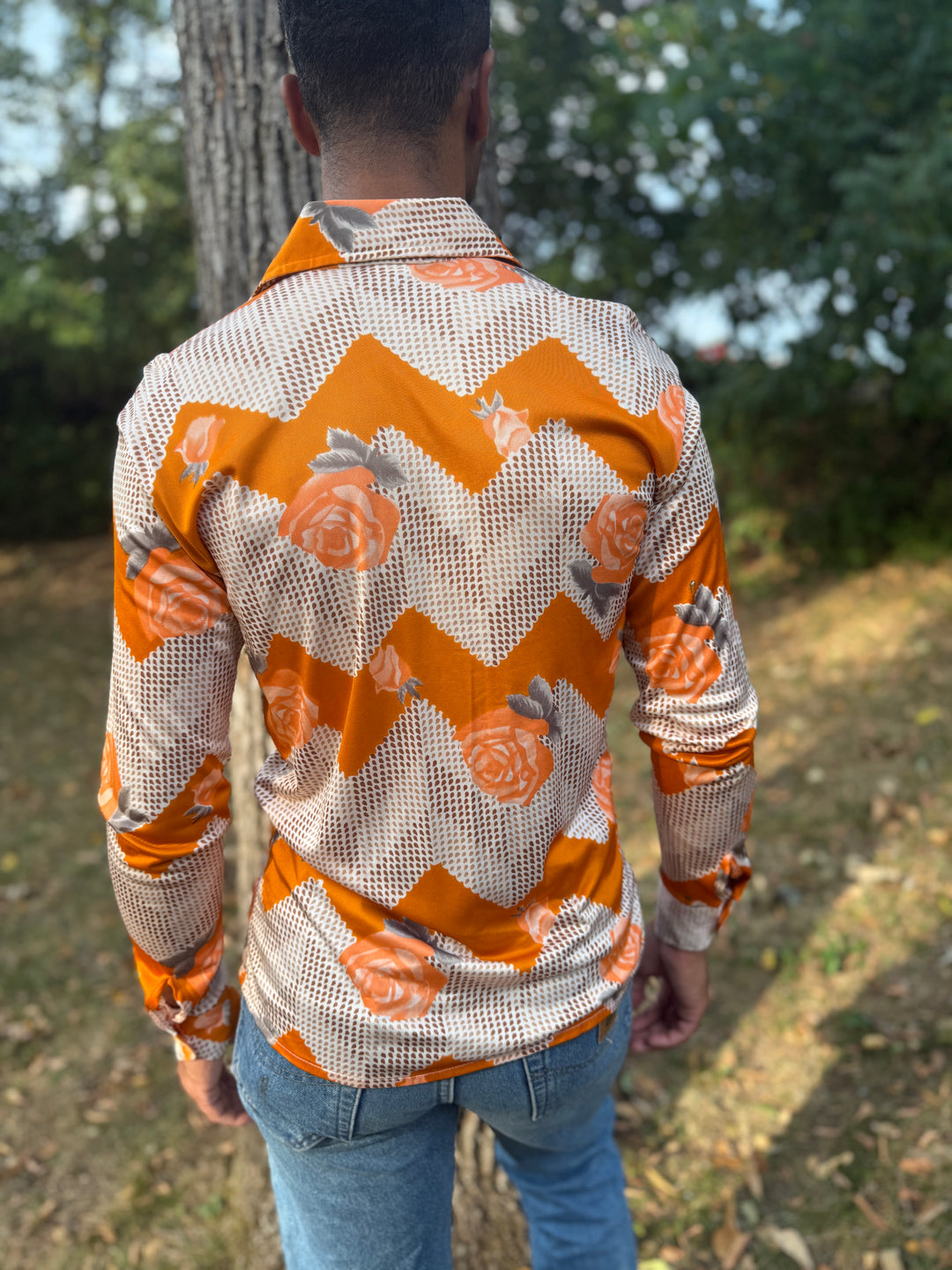 Mens 70s Orange Gray Floral Nylon Disco Shirt