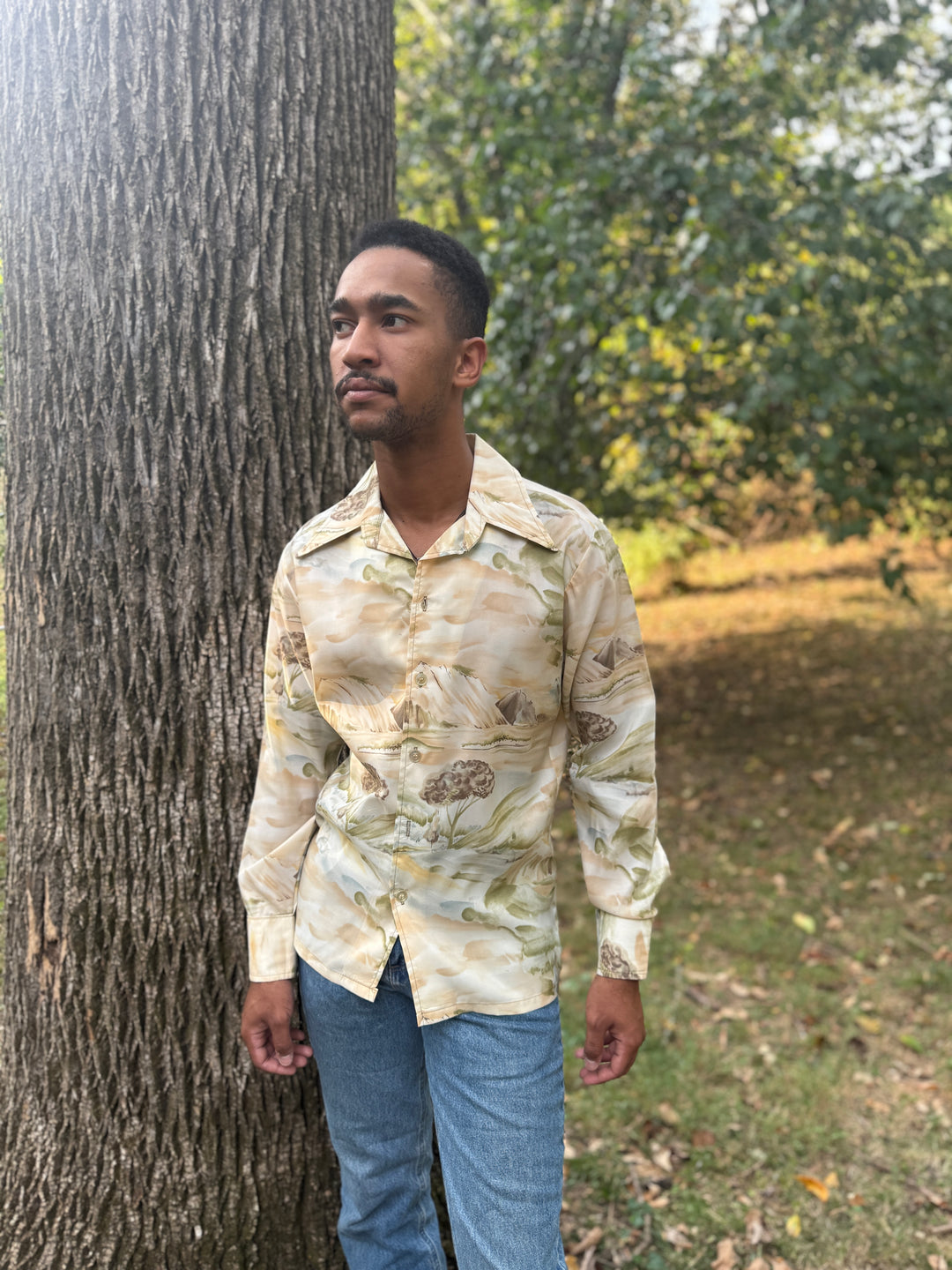 70s Tan Outdoor Theme Polyester Disco Shirt, h.i.s.