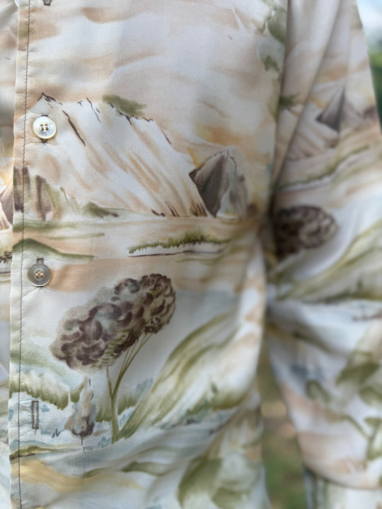 70s Tan Outdoor Theme Polyester Disco Shirt, h.i.s.