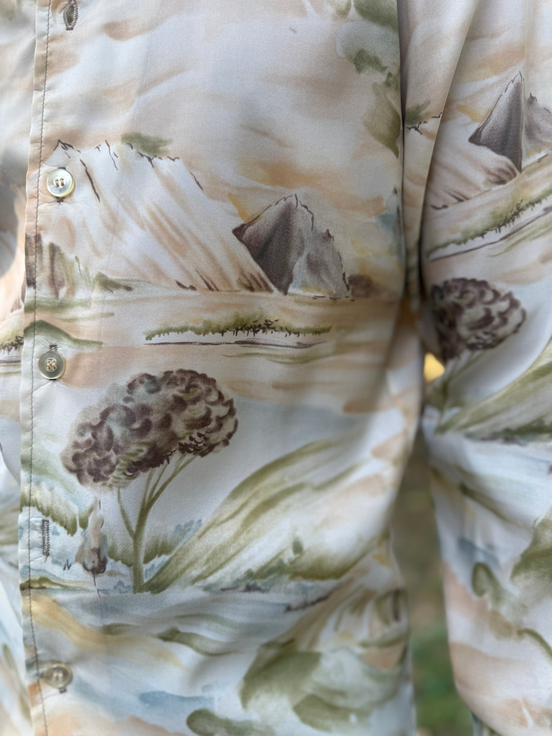 70s Tan Outdoor Theme Polyester Disco Shirt, h.i.s.