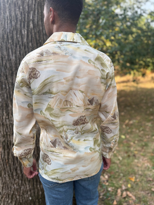 70s Tan Outdoor Theme Polyester Disco Shirt, h.i.s.