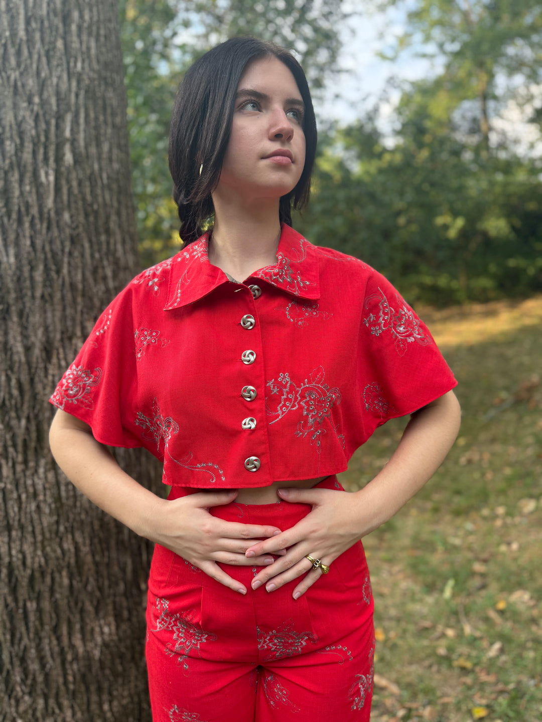 Red Silver Cotton Floral Embroidred Pantsuit
