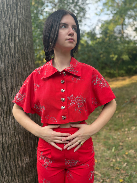 Red Silver Cotton Floral Embroidred Pantsuit